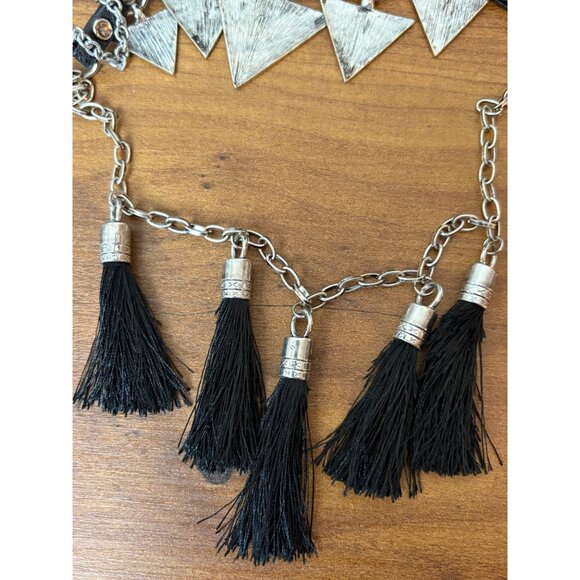 Boho Statement Necklace Silver Tone Triangles Black Tassels Adjustable Chain - Picture 6 of 9